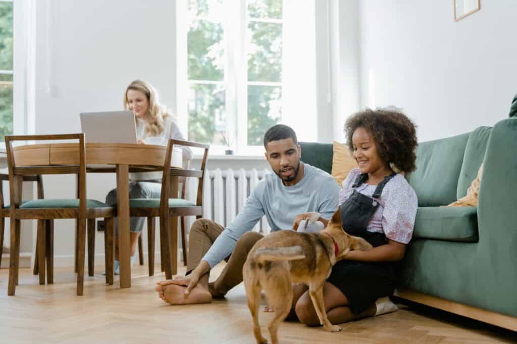 A small family with their pet dog has just settled into their new home.