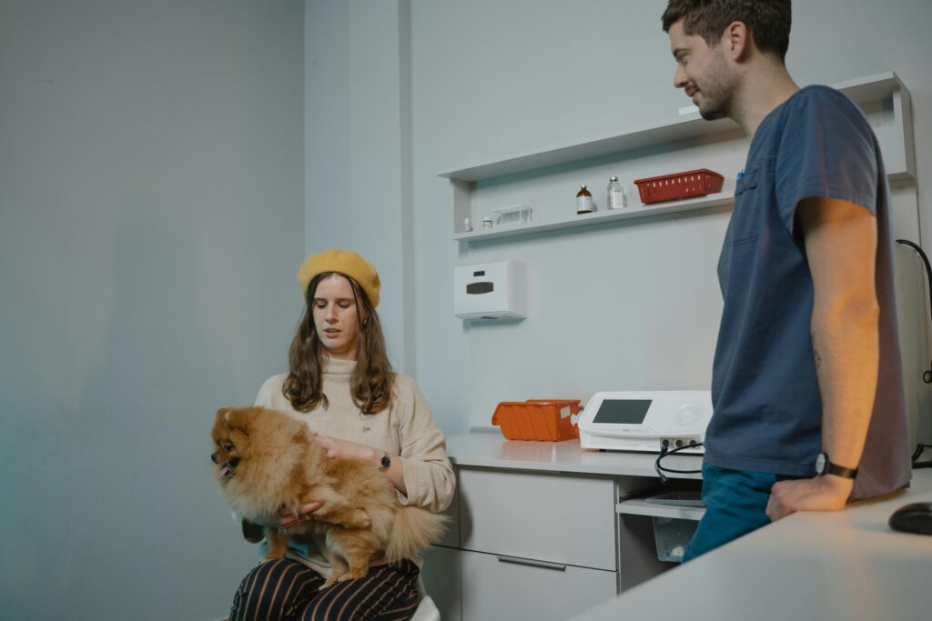 A pet dog with its owner and vet during a visit before the house move