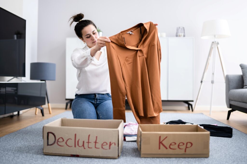 A woman sorting her clothes: discard or keep