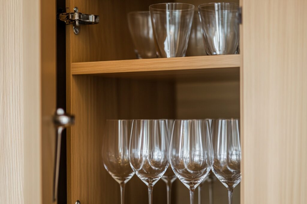 Fragile glassed in the kitchen cabinet in the concept of 'How to Pack Fragile Items'.