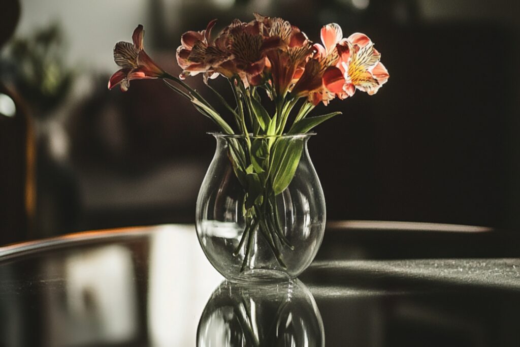 A flower vase on top of a glass table