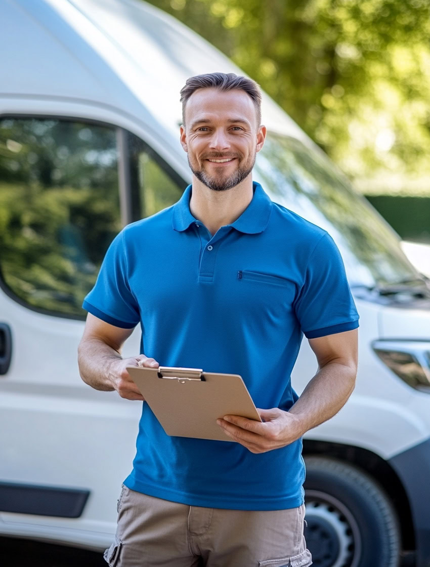 man wearing dark blue polo shirt holding a clipboard